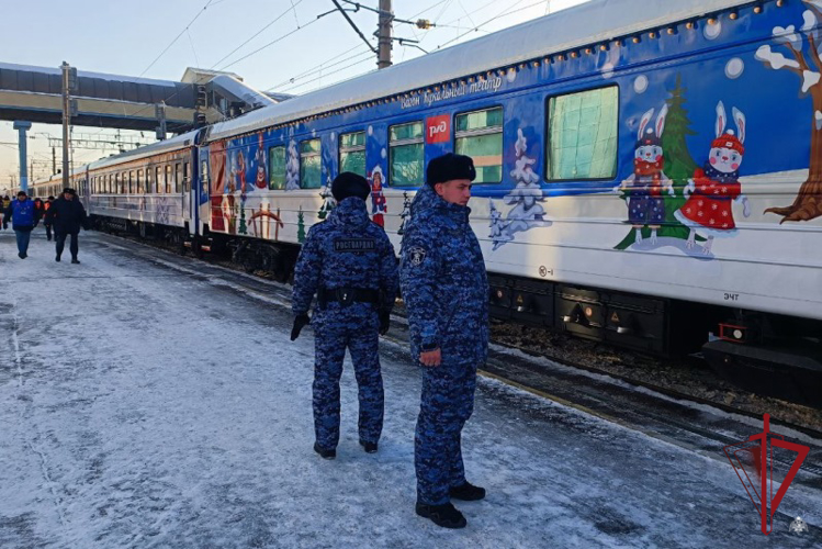 Сотрудники Росгвардии обеспечивают безопасность прибывшего в Улан-Удэ поезда Деда Мороза